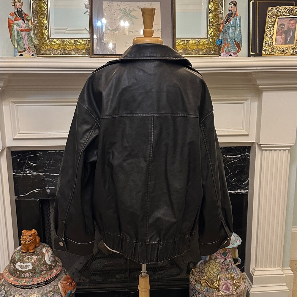 “Future Collective” Distressed Black Vegan Leather Moto Jacket - Picture 5 of 7